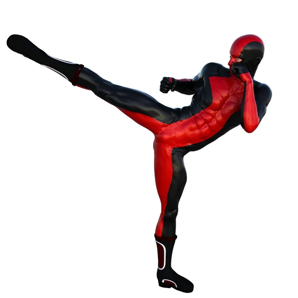 En ung man i den röda och svarta superhjälte kostym. Strike höger fot. Till vänster — Stockfoto