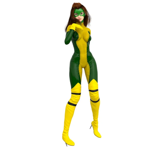 Una joven con un traje amarillo-verde. La mano derecha cerca de la cara — Foto de Stock
