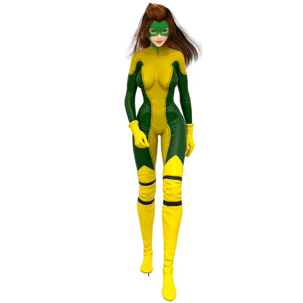 Молодая девушка в желто-зеленом костюме. Идет на камеру с серьезным взглядом — стоковое фото