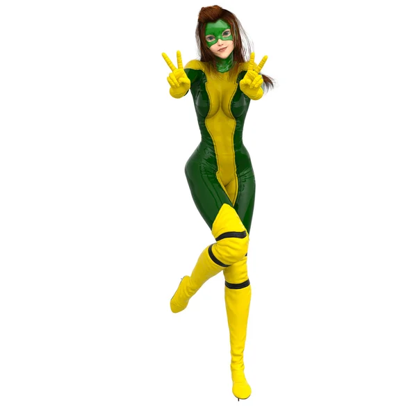 One young girl in a yellow-green suit. Shows two fingers with two hands — Stock Photo, Image