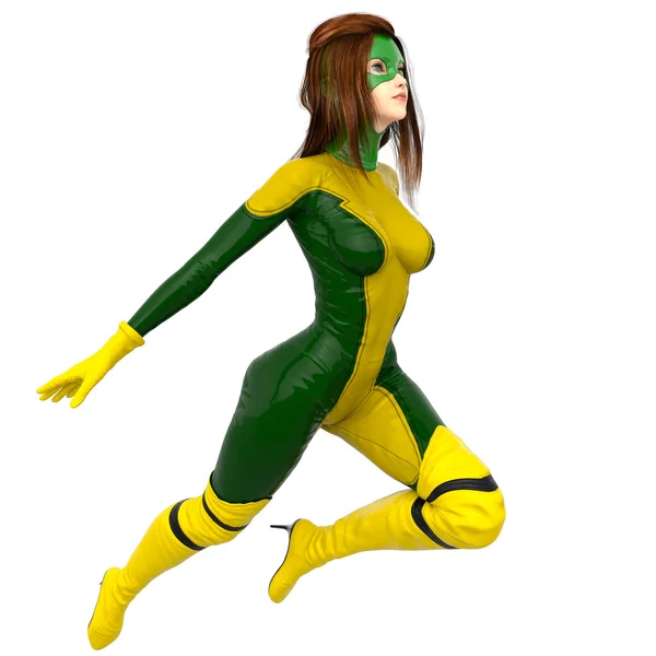 One girl in green yellow super suit. Jump right in — Stock Photo, Image