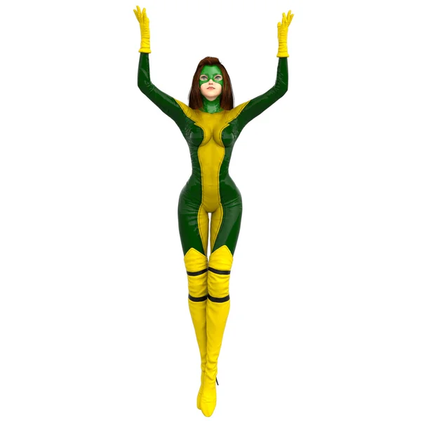 Yeşil Sarı süper elbiseli bir kız. Ayakta, ellerini yukarı kaldır