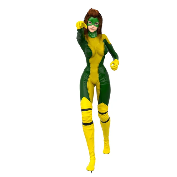 En flicka i gul grön super kostym. Står i en pose av attack — Stockfoto