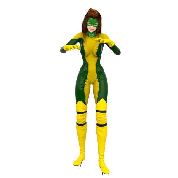 Ein Mädchen im grünen und gelben Superanzug. steht in bedrohlicher Pose auf — Stockfoto