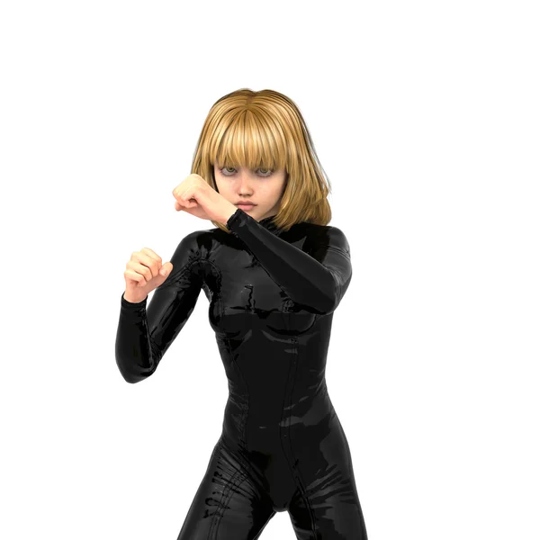 Una adolescente con un super traje negro. De pie en una pose protectora — Foto de Stock