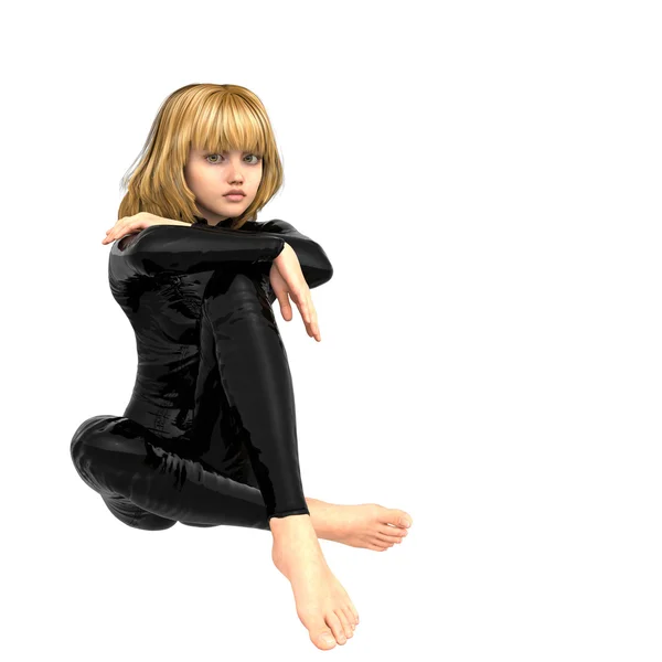 Одна дівчина-підліток в чорному супер костюмі. Сидячи, руки лежать на коліні — стокове фото