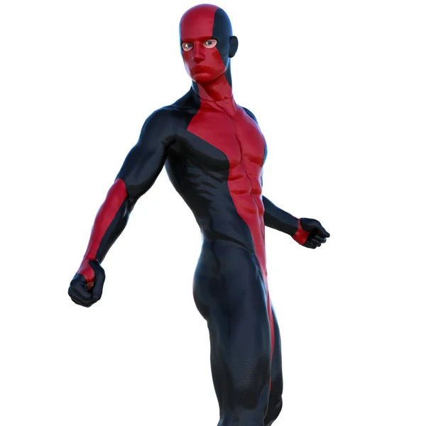 A young man in red black super suit. Posing half-turned to the camera — Stock Photo, Image