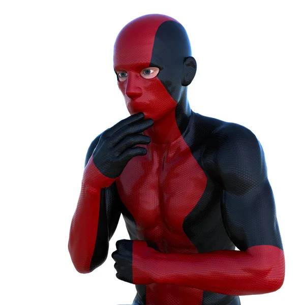 Молодий чоловік у червоному чорному супер костюмі. У вдумливій позі — стокове фото