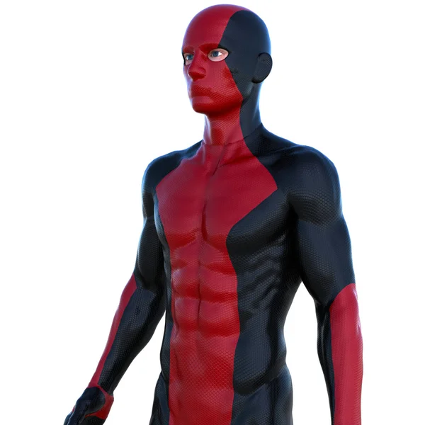 A young man in red black super suit. Posing standing close to camera — Stock Photo, Image