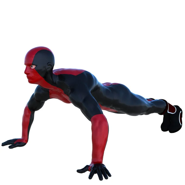 Een jonge man in rood zwart super pak. Push ups. Linkerzijde — Stockfoto