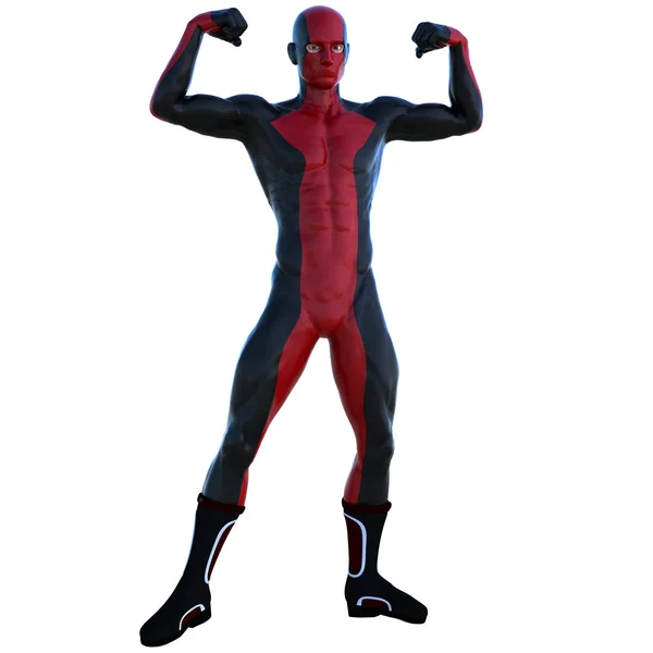 Ein junger Mann im roten schwarzen Superanzug. Stehen zeigt seine Muskeln — Stockfoto