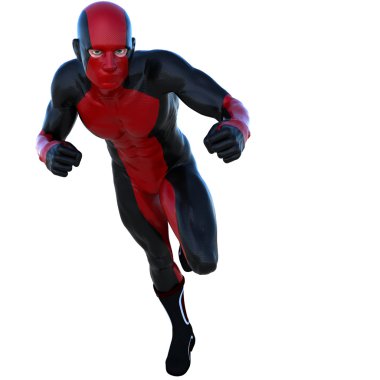 Kırmızı ve siyah süper elbiseli genç güçlü adam. Kamera sol tarafında çalışır