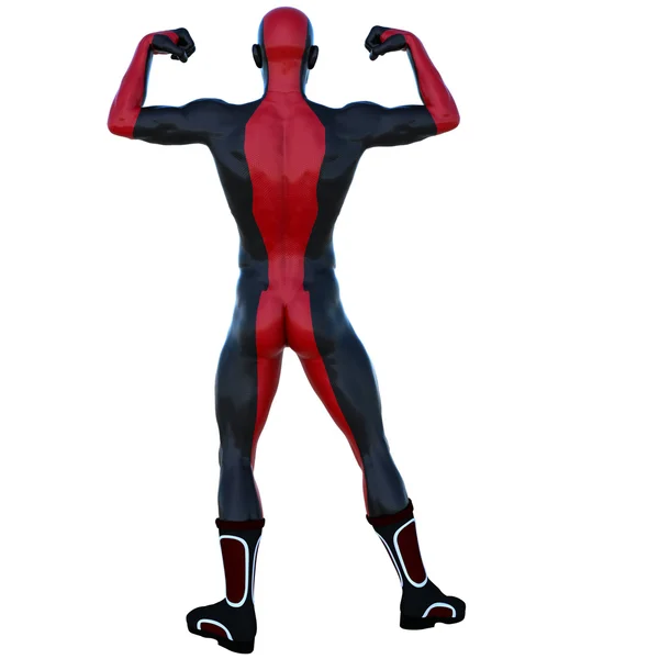 Mladý muž silný v červené a černé super obleku. Pózování, ukazuje svaly — Stock fotografie
