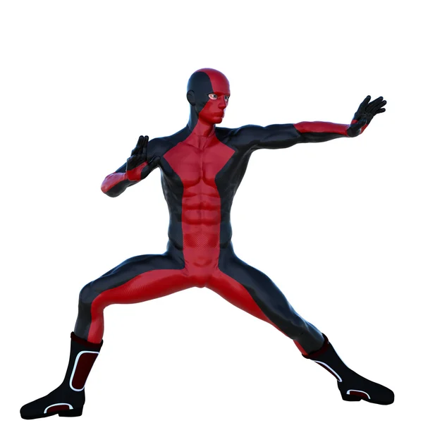 Silný mladík v červené a černé super obleku. Stojí v bojové pozice — Stock fotografie