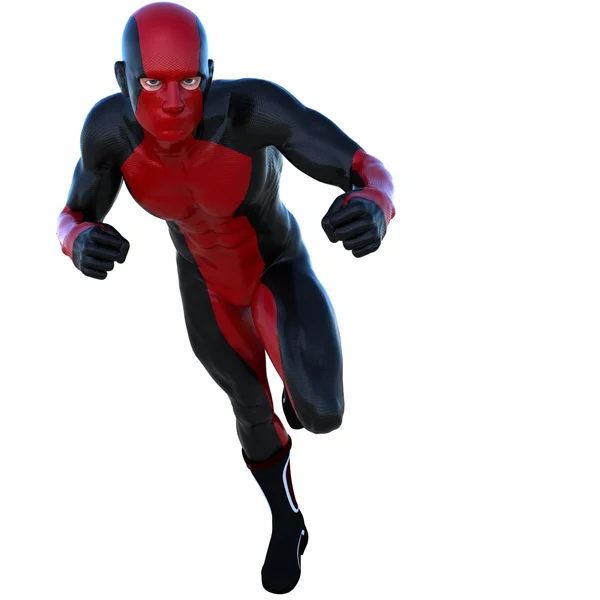 Ung stark man i rött och svart super kostym. Körs på kameran vänster sida — Stockfoto