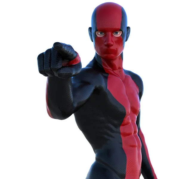 Un hombre joven y fuerte en un super traje rojo y negro. Apunta a la cámara con la mano derecha —  Fotos de Stock