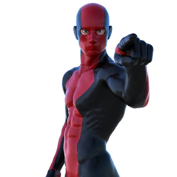 Un hombre joven y fuerte en un super traje rojo y negro. Apunta a la cámara con la mano izquierda —  Fotos de Stock