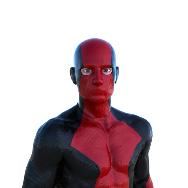 Joven hombre fuerte en un super traje rojo y negro. De pie cerca de la cámara —  Fotos de Stock