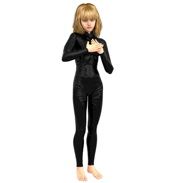 One teenage girl in a black super suit. Keeps hands close to heart — Stock Photo, Image