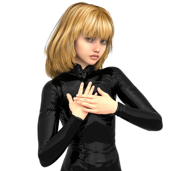 Una adolescente con un super traje negro. Mantiene las manos cerca del pecho — Foto de Stock