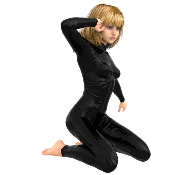 One teenage girl in a black super suit. Transparent background — Stock Photo, Image