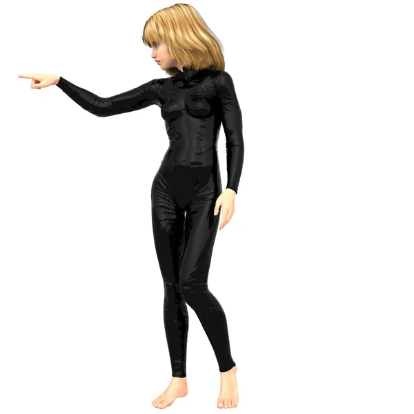 One teenage girl in a black super suit. Transparent background — Stock Photo, Image