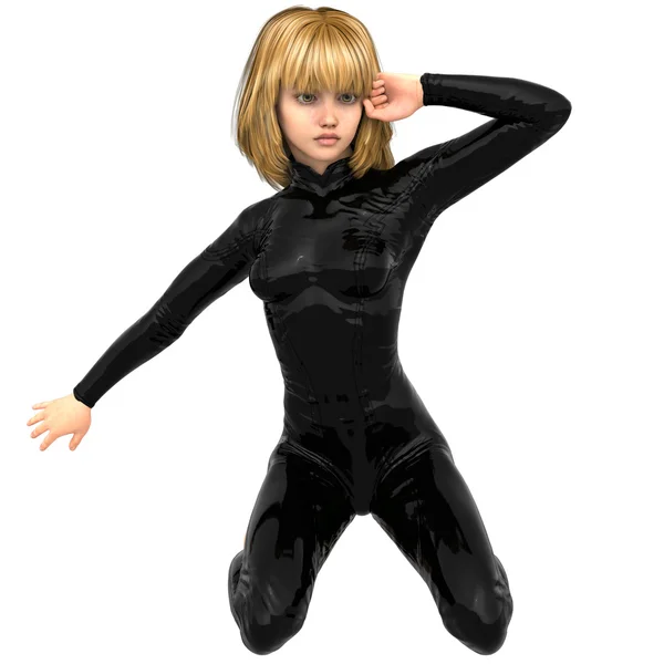 Ein Teenager-Mädchen in einem schwarzen Superanzug. transparenter Hintergrund — Stockfoto
