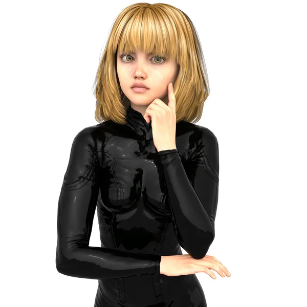 One teenage girl in a black super suit. Transparent background — Stock Photo, Image