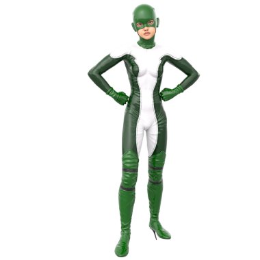 Yeşil beyazlı bir genç kız süper uygun. Kameraya bakarak ve kalçalarına elele poz ayakta