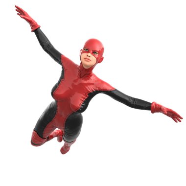 kırmızı siyah süper kostümlü bir uzun boylu kadın. Kamera açık eller ile uçmak