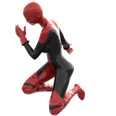 kırmızı siyah süper kostümlü bir uzun boylu kadın. Kadın yan kameraya durumda. Bir diz ve poz oturur
