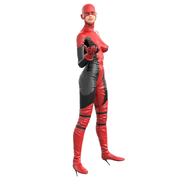 En lång kvinna i röd svart super kostym. Poserar stående sidled till kamera med öppen hand — Stockfoto