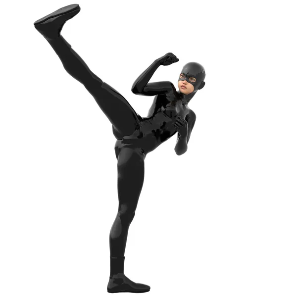 꽉 검은 슈퍼 양복에 한 어린 소녀. 전투 포즈 — 스톡 사진