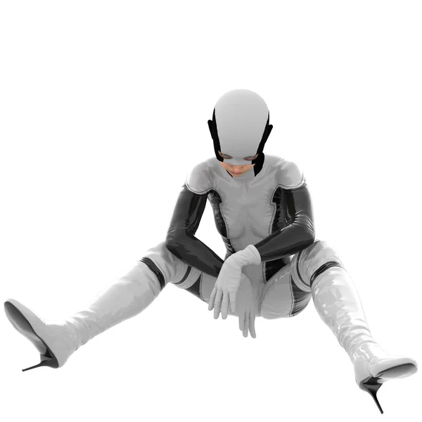 En tonårig flicka i vit mörk super kostym. Sitter benen isär i olika riktningar. Händerna tillsammans — Stockfoto
