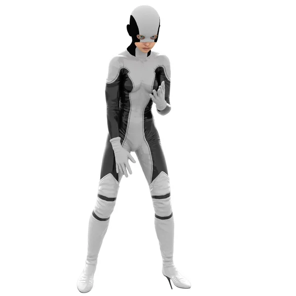 One teenage girl in a white dark super suit. Is in confused. Widely spaced legs — Stock Photo, Image