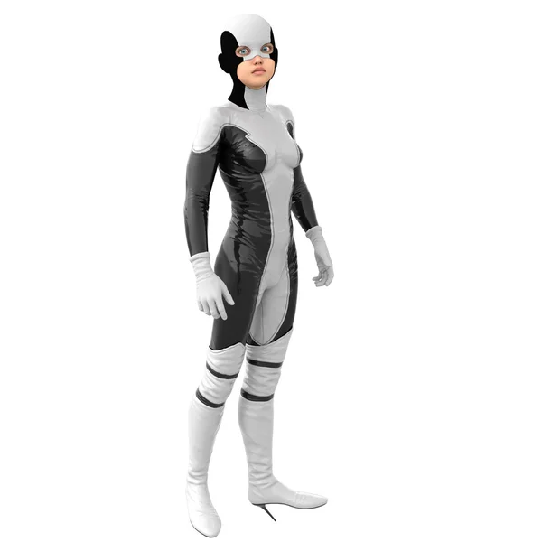 One teenage girl in a white dark super suit. Standing in a wary pose, head raised up — Stock Photo, Image