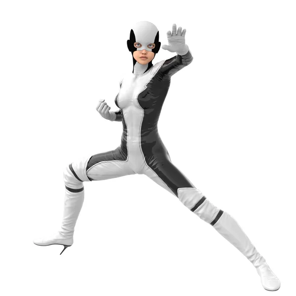 En tonårig flicka i vit mörk super kostym. Ständiga halv-bent höger ben. I ett bekämpa utgör — Stockfoto