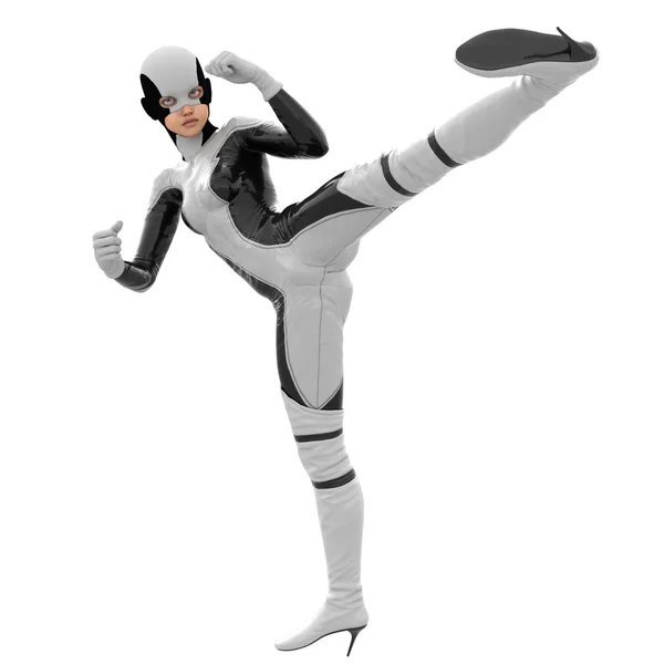 Одна дівчина-підліток у білому темному суперкостюмі. Стоїть у бойовому положенні і піднімає ліву ногу. Обличчям до камери — стокове фото
