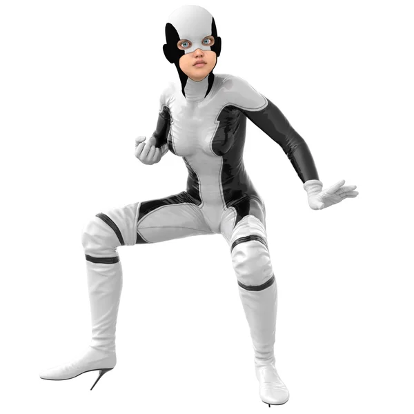 Ένα εφηβικό κορίτσι με ένα λευκό σκούρο κοστούμι σούπερ. Στέκεται μισό-λυγισμένα πόδια σε θέση μάχης σε αναμονή για το χτύπημα — Φωτογραφία Αρχείου