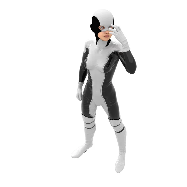 En tonårig flicka i vit mörk super kostym — Stockfoto
