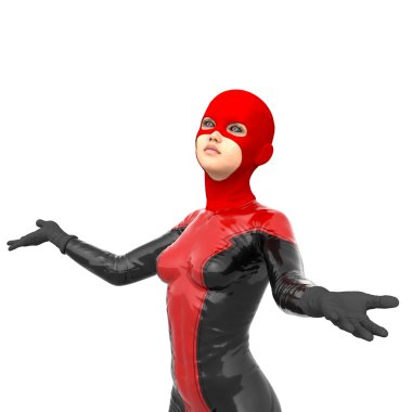 Kırmızı süper siyah lateks takım elbise giyen bir kız genç