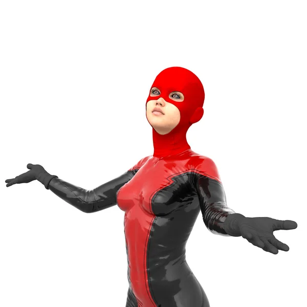 One girl teenager wearing a red super black latex suit — Stock Photo, Image
