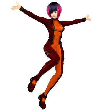 Gelecekten gelen kestane rengi ve turuncu renkteki fütüristik elbiseli bir genç kız