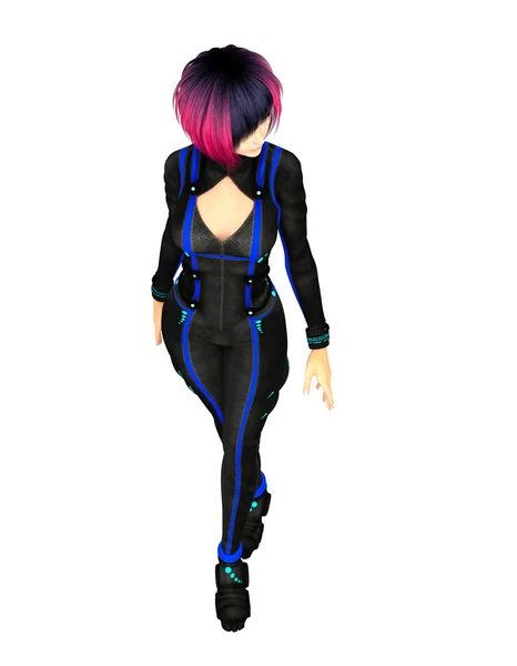 Ein junges Mädchen in einem futuristischen schwarzen Anzug aus der Zukunft — Stockfoto