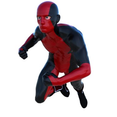 Takım elbiseli kırmızı siyah süper kaslı bir genç süper kahraman adam