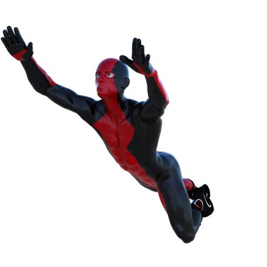 Takım elbiseli kırmızı siyah süper kaslı bir genç süper kahraman adam