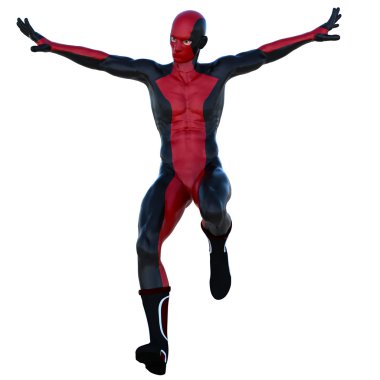 Takım elbiseli kırmızı siyah süper kaslı bir genç süper kahraman adam