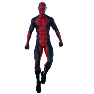Takım elbiseli kırmızı siyah süper kaslı bir genç süper kahraman adam