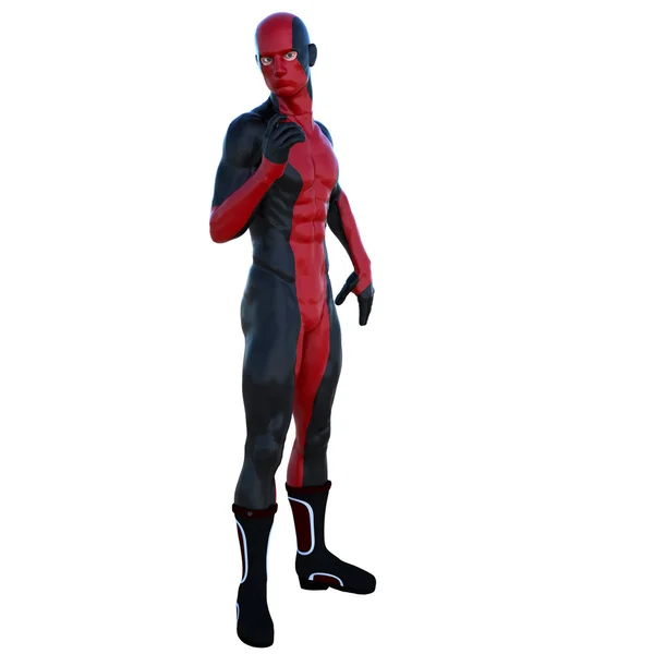 En ung superhjälte man med muskler i röd svart super kostym — Stockfoto