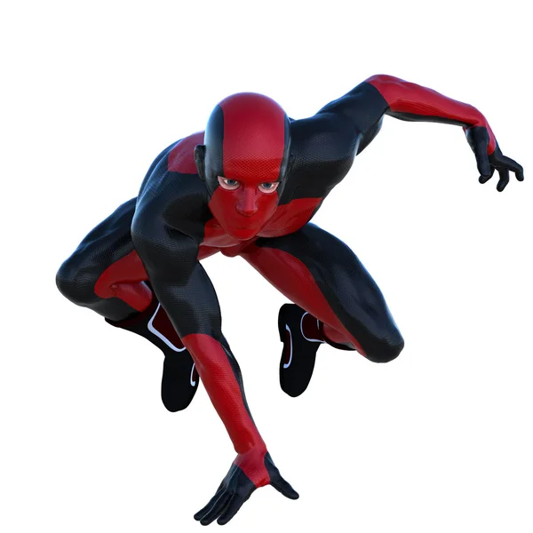 Un joven superhéroe hombre con músculos en traje súper negro rojo — Foto de Stock